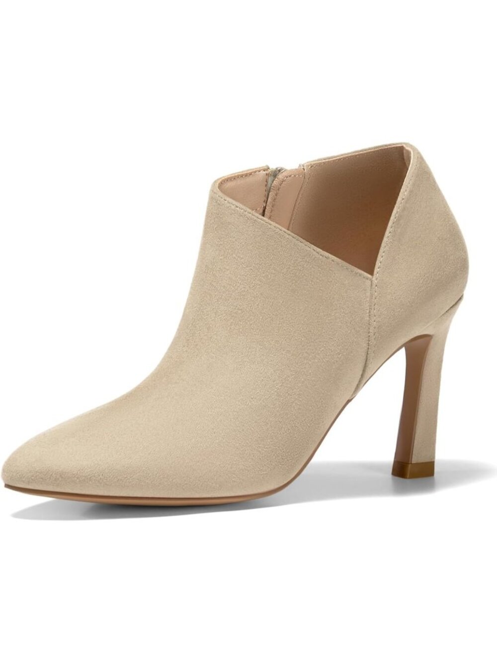 Women's Beige Suede Pointed Toe V Cut Kitten Heel Side Zip Office Ankle Booties